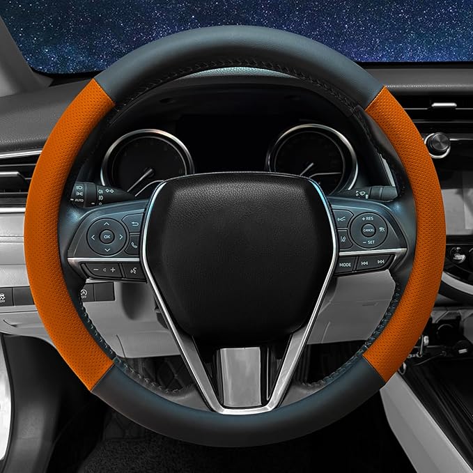 Mihecor Steering Wheel Cover Standard Size 14.5-15 inch, Non-Slip Car Wheel Cover Protector, Breathable Microfiber Leather, Black and Orange