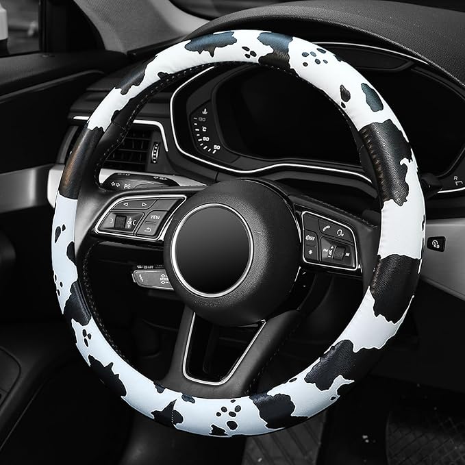 Cow Print Steering Wheel Cover, Universal 15 inch Breathable Microfiber Leather Car Steering Wheel Cover for Women Men, Anti-Slip, Black&White