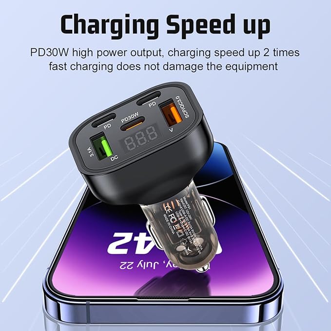 5 Ports PD30W LED Voltage Display QC3.0 Fast Charge Multi Port USB C Car Charger Cigarette Lighter Adapter Compatible with iPhone 16 15 14 13 12 11 Pro Max Plus Samsung Galaxy S24 S23 and More
