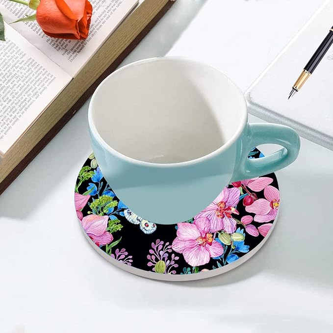 Beautiful Butterfly Steering Wheel Cover for Women Men with 2 Pcs Car Coasters, Universal 14.5-15 Inch Flowers Steering Wheel Covers Non-Slip Car Accessories for Girls