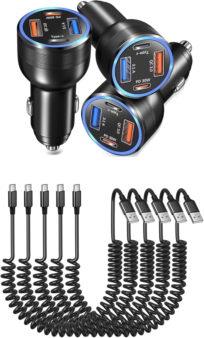 3 Pack 65W Multi Port 12V USB C & USB A Car Charger Adapter with 5 Pack Coiled USB Type C Coiled Cable Compatible for iPhone, Galaxy, Google and Other Android Devices