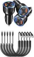 3 Pack 65W Multi Port 12V USB C & USB A Car Charger Adapter with 5 Pack Coiled USB Type C Coiled Cable Compatible for iPhone, Galaxy, Google and Other Android Devices