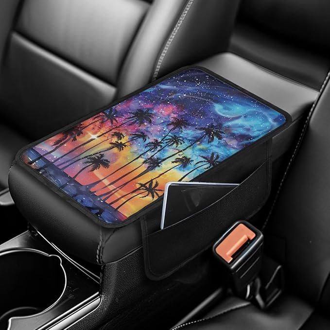 Dreaweet Galaxy Palm Tree Print Car Center Console Cover Car Armrest Cover Car Console Covers with Pockets Universal Car Armrest Storage Box for Most Vehicles
