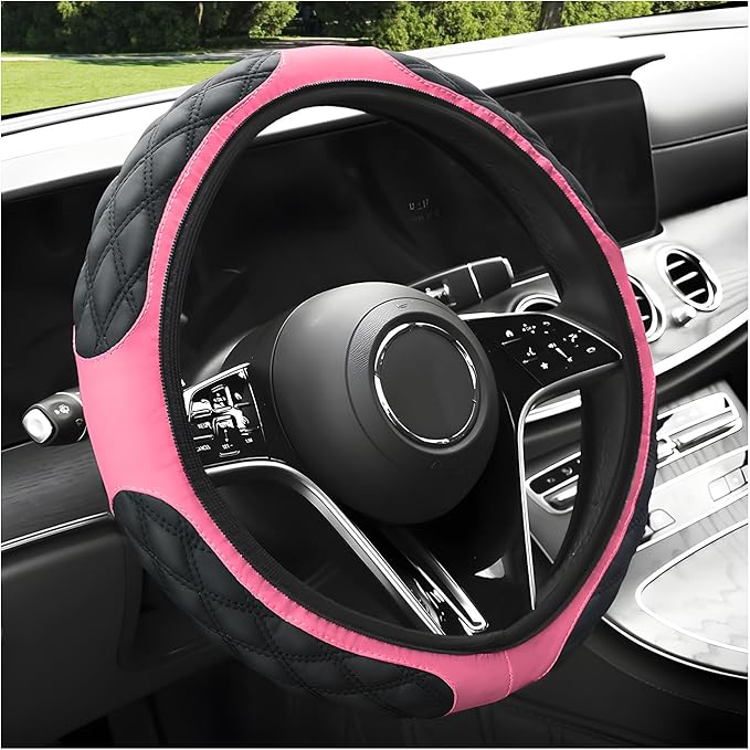 Car Steering Wheel Cover, 15 Inches Non-Slip Leather Car Steering Wheel Protector, Universal Steering Wheel Soft Cover Mats for Car Truck SUV, Interior Car Accessories (Pink)