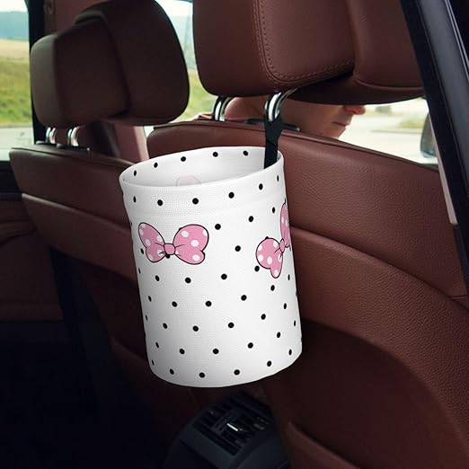 Cute White Polka Dots Pink Bow Car Trash Can Garbage Cans Foldable,Small Hanging Car Organizer Storage Bag Leak Proof, Auto Back Seat Trash Bin Universal for Truck, SUV, Outdoor Travel