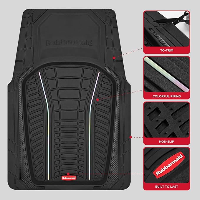 Rubbermaid Car Floor Mats Full Set – Premium All-Weather Car Mat with Brushed Aluminum Inserts, Universal Trim-to-Fit Design, Anti-Slip Backing for Cars, SUVs, Trucks, and Vans