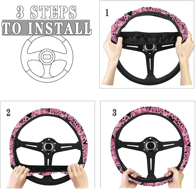 Universal Non-Slip Steering Wheel Cover, 15-inch Polyester Material Driving Accessories, Adjustable for Car and Truck(Sweet Cool Pink Leopard)