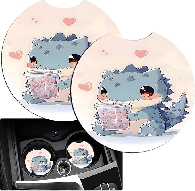JANENFNA Car Armrest Cover Pads Universal Fashion Cute Auto Center Console Armrest Cover Pad with 2PCS Car Coasters Soft Waterproof Car Armrest Seat Protector for Women,Cate Tyrannosaurus