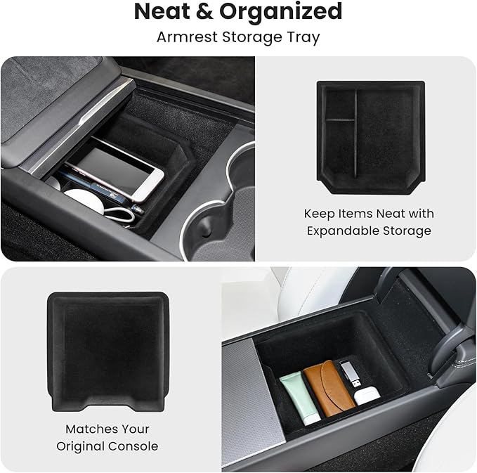 4Pcs Center Console Organizer Tray for Tesla Model Y Juniper 2025 2026 and Model 3 Highland 2024 2025 Accessories, Armrest Hidden Storage Box for New Model 3, Cup Holder Insert for New Model Y