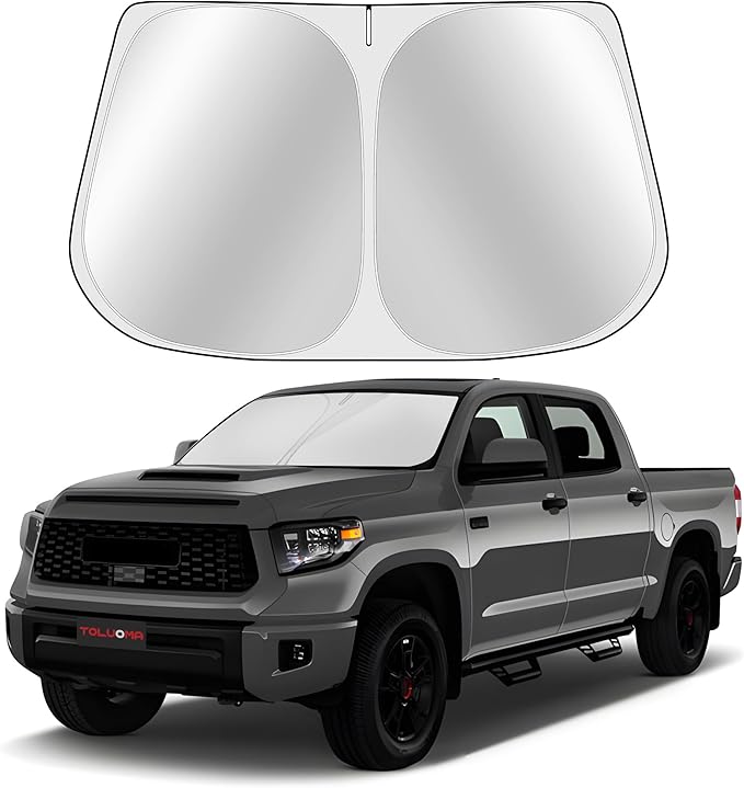 Toluoma Custom Fit Windshield Sun Shade for Toyo-ta Tundra 2007-2021 - Full Coverage, 210T Reflective Fabric, Double-Layer Design - Blocks 99% UV Rays, Keeps Car Cool, Easy to Install and Store