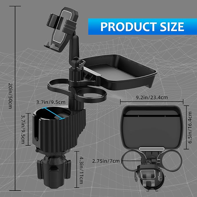 Car Cup Holder Extender Tray, 5-in-1 Removable Car Food Tray, Three Cup Holders and Width Adjustable Swivel Phone Holder, Additional widening Pads Make it Suitable for Most car Models