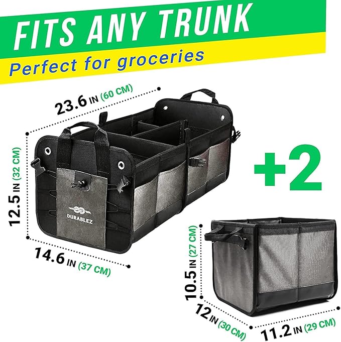 DURABLEZ Modular 4-Section XL Trunk Organizer – Car Storage for Groceries, Tools, Sports Gear, Emergency Kits – Extra Large Multi-Compartment Cargo Box, Collapsible & Heavy Duty – Gray