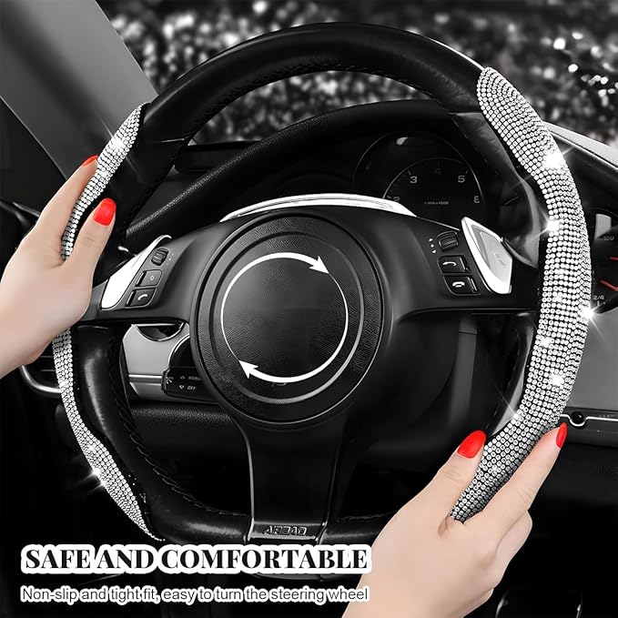 2 PCS Steering Wheel Cover, Segmented Car Wheel Covers with Crystal Rhinestones, Non-Slip Protector Bling Sparkly Decoration for Most Steering Wheels, Car Accessories (Pink)