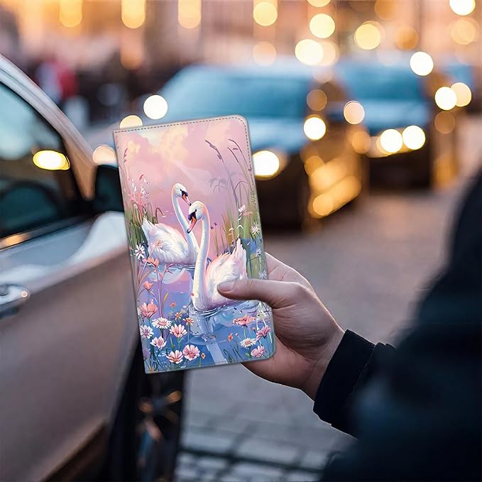 Car Registration and Insurance Card Holder for Women Men, Waterproof PU Leather Glove Box Car Organizer with Magnetic Shut, Vehicle Document Holder for Driver License,Cards, Swan Oil Painting