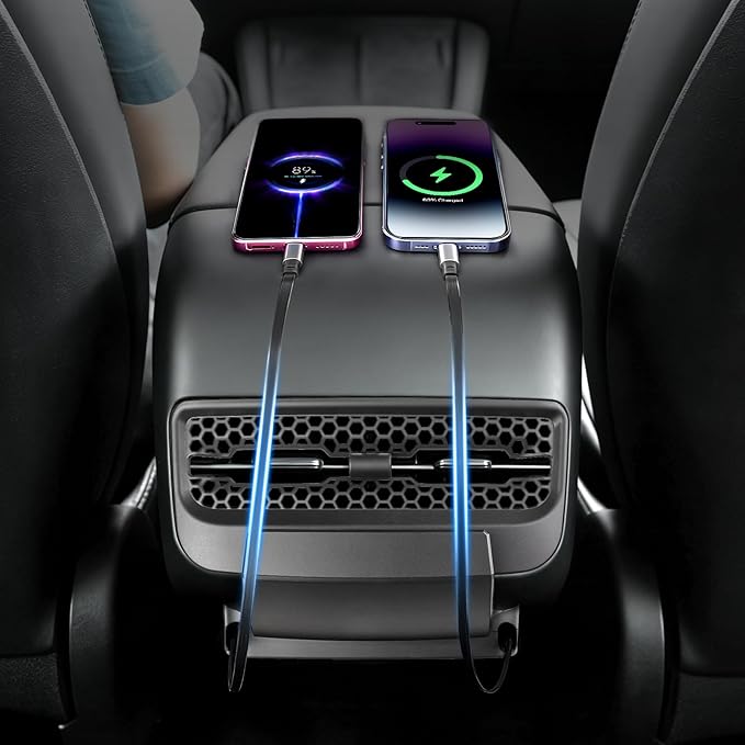 Rear USB Charger Hub for Tesla Model Y 2021-2024 Accessories- 4-Port Fast Charging Hub with Sliding Cover, Type-C+Lightning Docking Station for Tesla Model 3 Highland 2021-2023