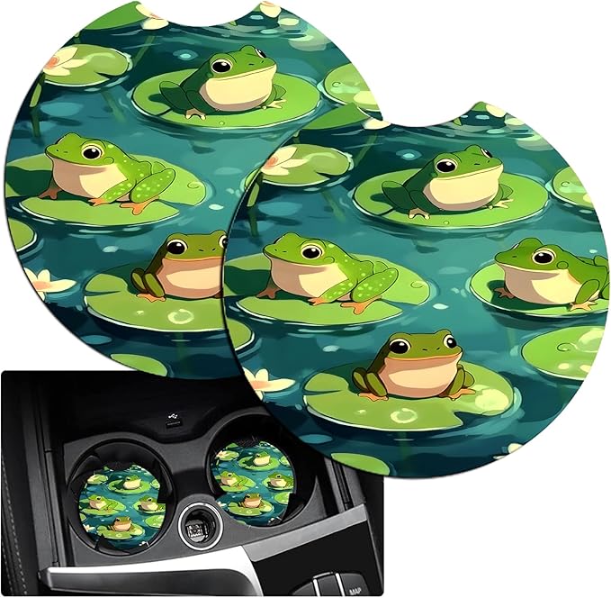 JANENFNA Car Armrest Cover Pads Universal Fashion Cute Auto Center Console Armrest Cover Pad with 2PCS Car Coasters Soft Waterproof Car Armrest Seat Protector for Women,Cute Frog on Lotus Leaf a