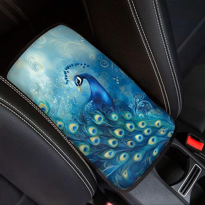 Suobstales Blue Peacock Print Car Armrest Pad Soft Center Console Arm Rest Protector Cover Universal Car Interior Accessories Decoration