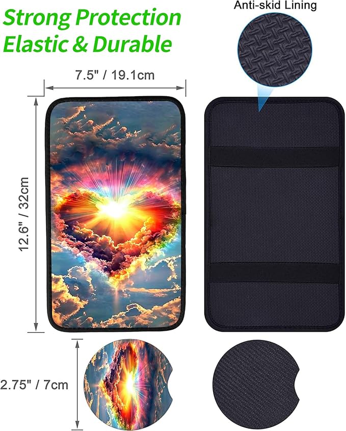 JANENFNA Car Armrest Cover Pads Universal Fashion Cute Auto Center Console Armrest Cover Pad with 2PCS Car Coasters Soft Waterproof Car Armrest Seat Protector for Women,Rainbow Heart Clouds