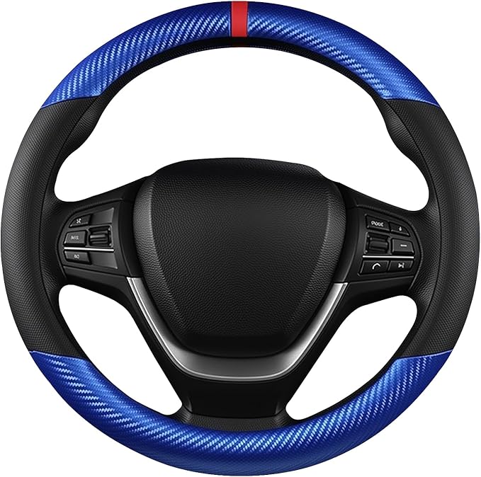 Black & Blue Carbon Fiber Leather Steering Wheel Cover, Microfiber Leather, Anti-Slip, Breathable, Universal Fit for 14.5–15 in Steering Wheel Cover for Men Women