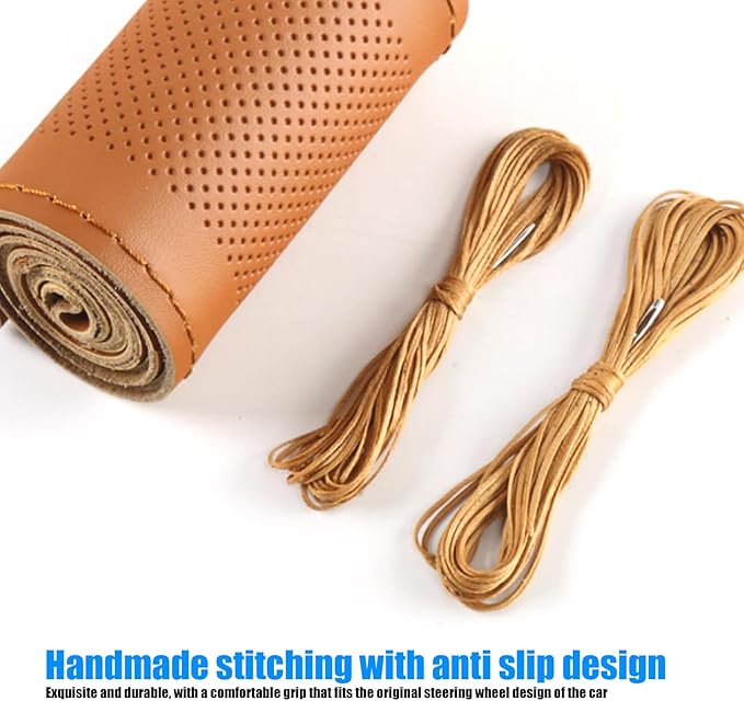 Pack-1 Leather Steering Wheel Cover, Universal Non-Slip Stitch On Wrap, DIY Car Wheel Cover Protector with Needle and Thread for Most Cars SUVs and Trucks (Brown)