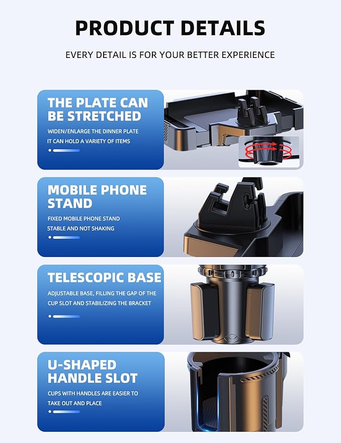 Car Cup Holder Tray, 10 Inch 4-in-1 Cup Holder Tray, 360° Rotating Drink Holder Expander with Detachable Food Tray & Phone Holder, Road Trip Essentials