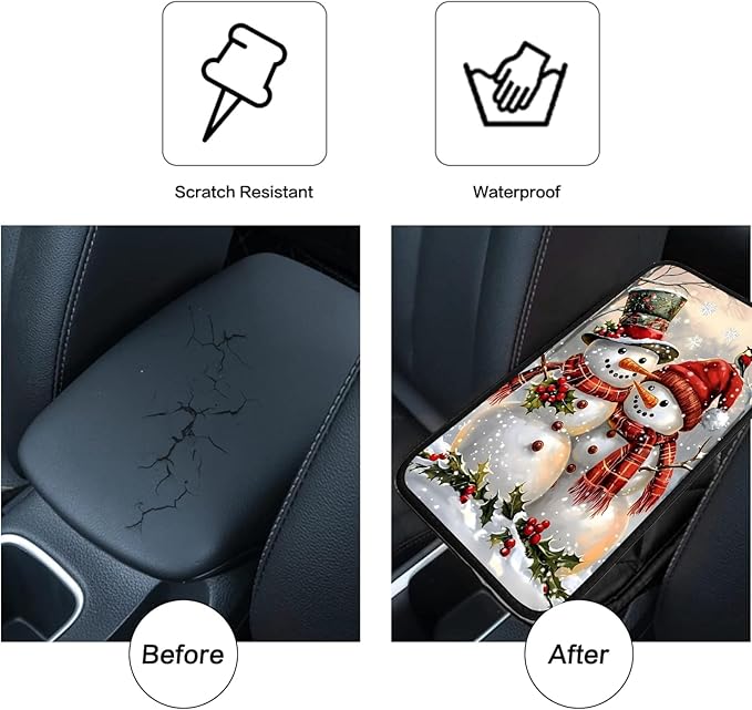 JANENFNA Car Armrest Cover Pads Universal Fashion Cute Auto Center Console Armrest Cover Pad with 2PCS Car Coasters Soft Waterproof Car Armrest Seat Protector for Women,Christmas Snowmen