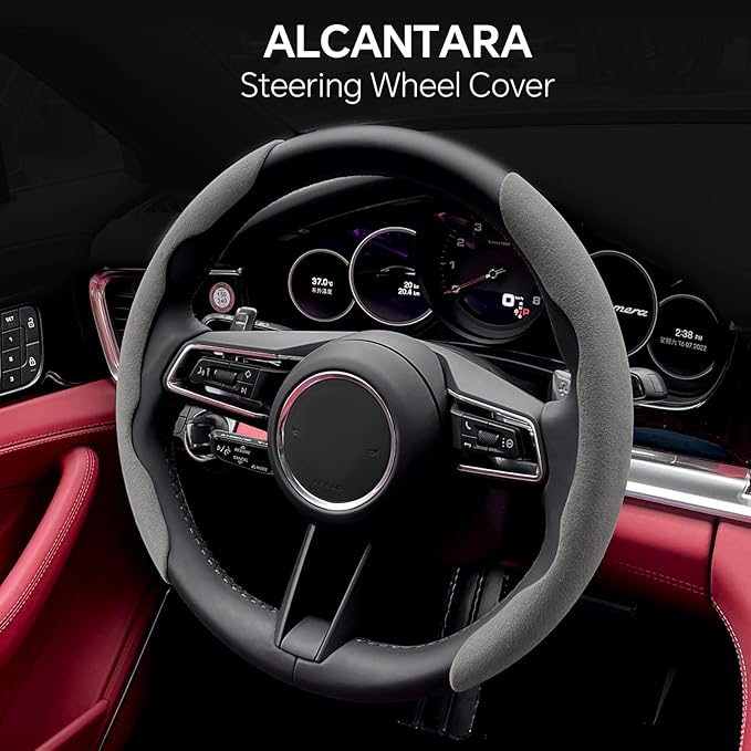 PAUUOOA 2 Piece Alcantara Steering Wheel Cover - Split Sport Design for D & O Shape Wheels, Soft Touch · Anti-Slip Grip · All Season Comfort · Durable Luxury Material for Performance Cars