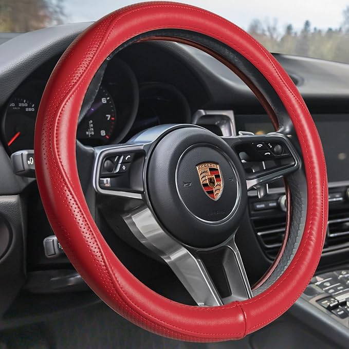 HAOKAY Top Grade Red Genuine Leather Steering Wheel Cover Women, Luxury Steering Wheel Cover for Cars, SUVS and Trucks，Universal 14.5-15 inch