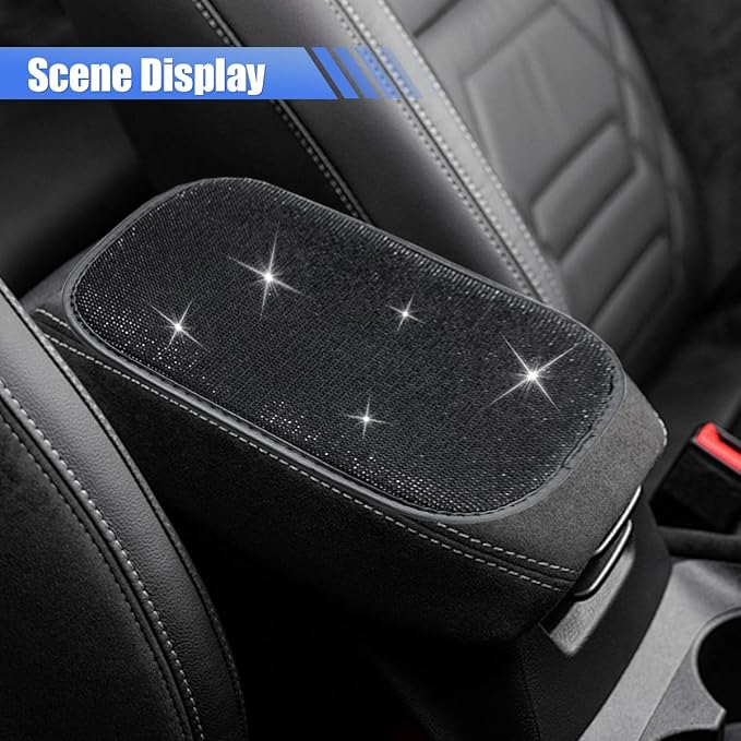 11.9''×8.4'' Bling Car Center Console Cover, Crystal Rhinestone Arm Rest Protective Cushion Pad, Diamond Soft Elbow Pillow, Auto Interior Decoration Accessories for Women Girls (Black)