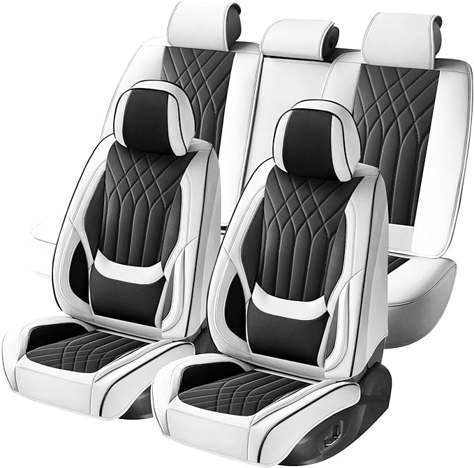 GEZHOUBA Black White Car Seat Covers Full Set, Full Coverage Luxury Leather Automotive Seat Covers Waterproof Car Seat Protector, Front & Rear Seats Cover Sets Universal Fit for Most Cars SUVs Trucks