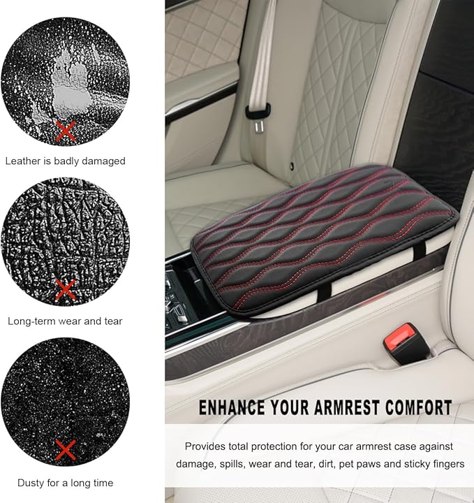 Car Center Console Pad, Waterproof Leather Armrest Seat Box Cover Protector, Non-Slip Middle Console Cushion Pad Interior Decor Fits Most Vehicles, Car Accessories (Black & Red)
