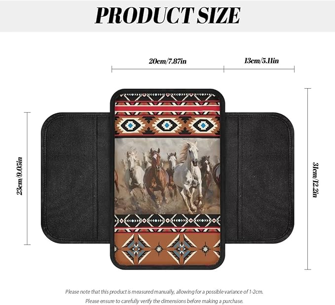Dreaweet Aztec Ethnic Tribal Horse Pattern Car Center Console Cover with Pockets Soft Comfy Car Arm Rest Cover Pad Universal Non-Slip Armrest Cover for Car Truck Van