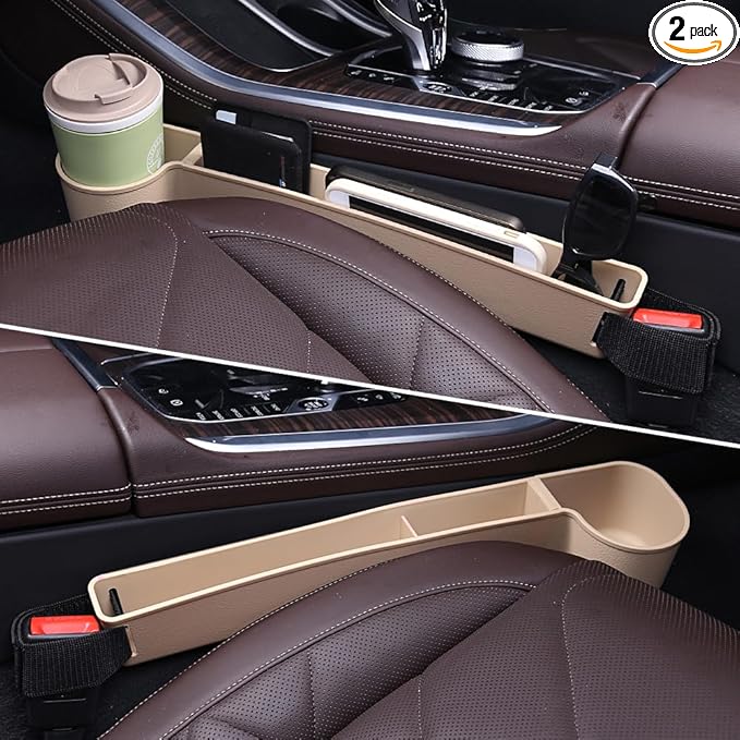 Car Seat Gap Filler, Multifunctional Seat Side Gap Filler with Cup Holder & Organizer, Gap Stopper Universal Fit Car SUV Truck Fill The Gap Between Seat & Console Set of 2 (Beige)