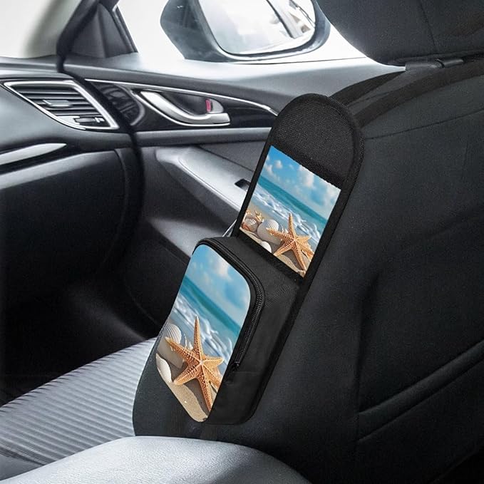 Beach Starfish Car Seat Side Storage Hanging Bag Conch Auto Seat Storage Bag With Zipper Car Accessories for Car, SUV, Trucks