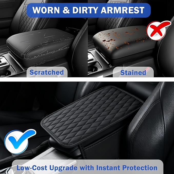 Leather Car Center Console Cover – Soft Armrest Cover Cushion with Side Pockets, Non-Slip Backing, Scratch-Resistant & Waterproof, Fits Most Cars SUVs Trucks, Black