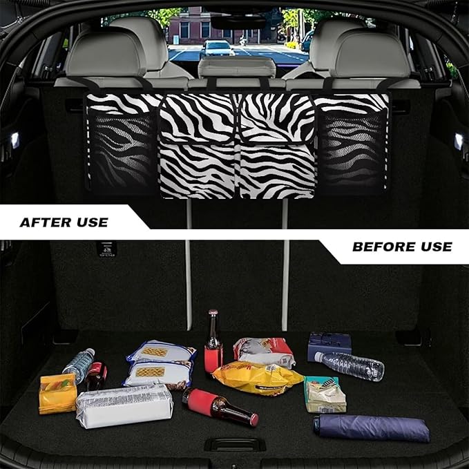 Hanging Trunk Organizer, Zebra Stripe Foldable Car Trunk Organizer Back Seat with 4 Large Pockets, Hanging Trunk Organizer Universal for Vehicles (with Mesh Bag)
