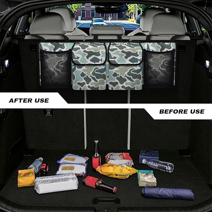 CLOHOMIN Fish Camo Car Organizer for SUV Sedan Truck Hanging Cargo Storage Bag with 4 Pockets Car Trunk Backseat Organizer Trunk Organizer Decor