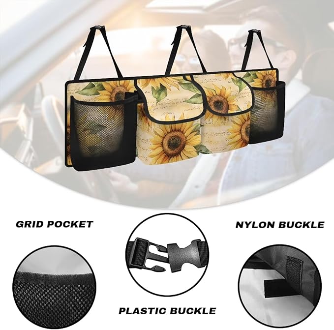 Sunflower Trunk Organizer for Car, Large-Capacity Trunk Storage Organizer with 4 Pocket, Butterfly Car Decor Fashion Car Organizers Storage Back Seat Car Organizer, Keep the Car Clean and Tidy