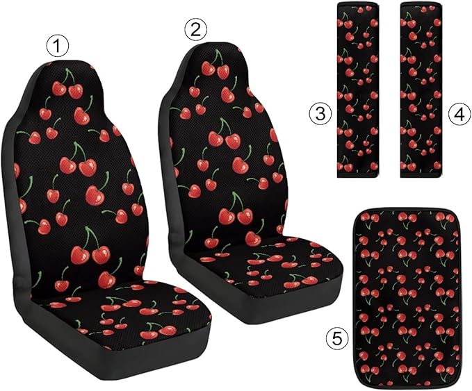 Qeluxign Cherry 5-Piece Car Accessories Set Universal Fit PU Leather Seat Covers Seatbelt Pads and Armrest Cover for Cars, Trucks, SUVs