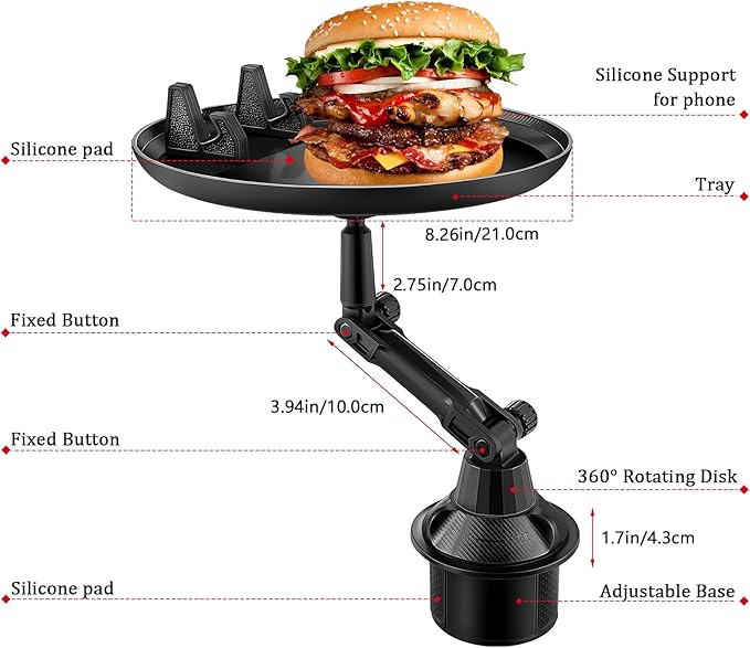 Car Cup Holder Tray for Adults Car Tray Table for Eating with Cell Phone Slot Lap for Universal Adjustable Cup Holder 360 Swivel Fits Vehicle, Boats, Golf Cart