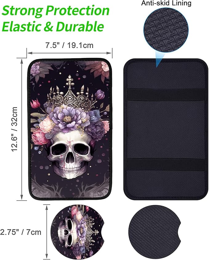 JANENFNA Car Armrest Cover Pads Universal Fashion Cute Auto Center Console Armrest Cover Pad with 2PCS Car Coasters Soft Waterproof Car Armrest Seat Protector for Women,Skull with Crown