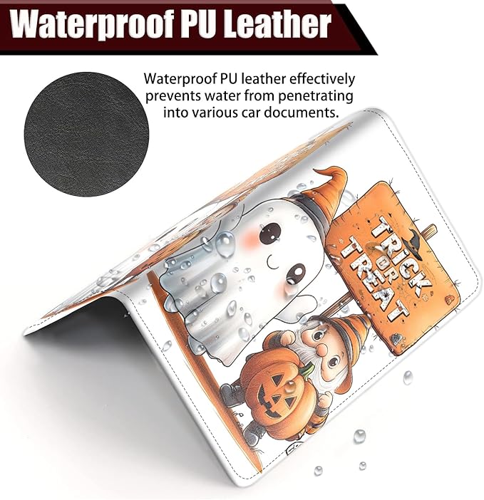 Car Registration Holder, PU Leather Vehicle Glove Box Organizer for Driver License, Document, Car Insurance Holder with Magnetic Shut, Auto Paperwork Wallet Case Accessories, Cute Trickster Ghost