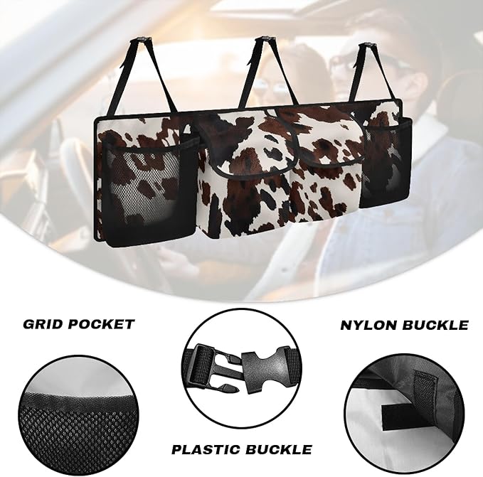 CLOHOMIN Brown Cow Print Backseat Trunk Organizer Hanging Car Organizer Backseat for SUV Auto Truck Washable Backseat Storage Organizer for Car Easy to Install Rear Seat Storage Bag