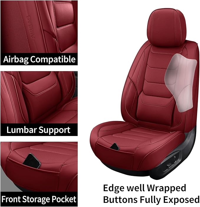 hoozoom Front Seat Covers for Cars Breathable Leather Seat Covers Waterproof Seat Protectors Universal Fit for Most Automotive Cars SUV Trucks(Red, Front Pair)