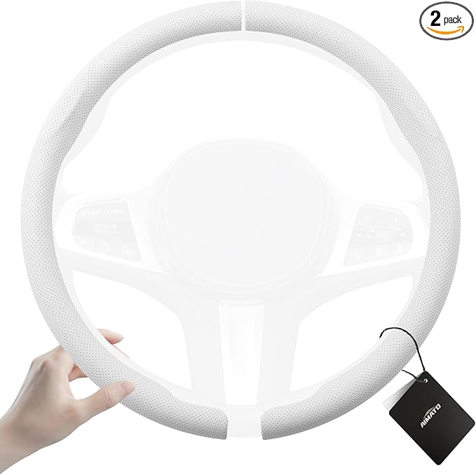 Aimato Car Steering Wheel Cover 2 Piece Non-Slip Clip on Microfiber Leather Steering Wheel Cover,Ultra-Thin Breathable,Universal Fit 14.5"-15" Wheel,White
