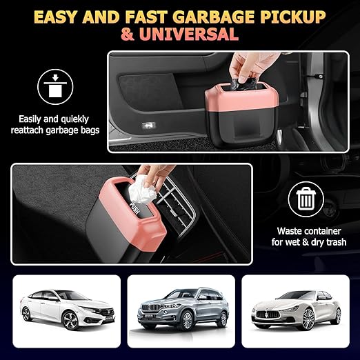 2 Pack Car Trash Can with Lid, Built-in Storage Garbage Bag, Vehicle Trash Accessories for Interior, Mini Garbage Bin for Automotive, Home, Office, Kitchen, with 60pcs Trash Bags