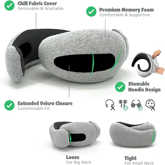 2025 Travel Neck Pillow,Stowable Hood,Ergonomic Neck Pillow Airplane,Premium Memory Foam,360º Support,Adjustable Fit,Washable Cover,Complete Travel Set,for Flight,Car and Office (Bright silver)