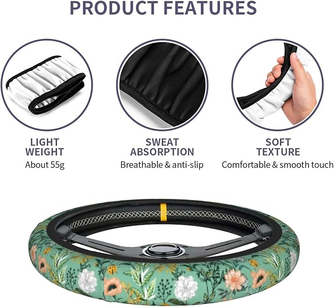 Wild Plant Flowers Steering Wheel Cover for Women Men with 2 Pcs Car Coasters, 15 Inches Neoprene Anti-Slip Cute Universal Green Car Accessories Protective Cover for Vehicle