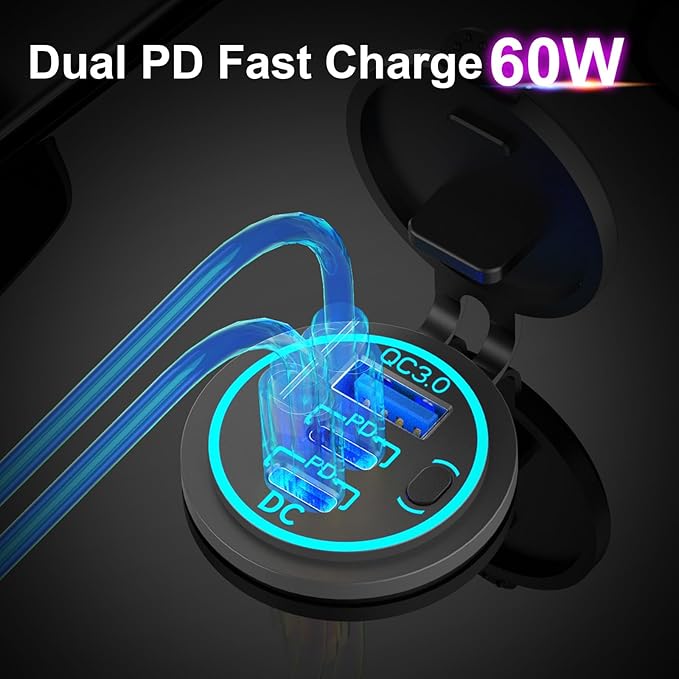 2 Pack USB C Car Charger Socket 12V USB Outlet, 78W Dual 30W PD and 18W QC3.0 Multi Port Cylinder Charger with Button Switch Waterproof for Car Boat RV Marine Golf Cart Truck Bus Motor etc.