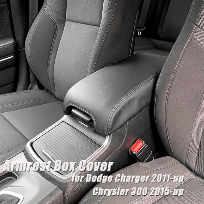 BOYUER Center Console Cover Armrest Leather Pad Cover Compatible with Dodge Charger 2011-2023/Chrysler 300 2015-2023（Black Stitches Black Cushion Neoprene）